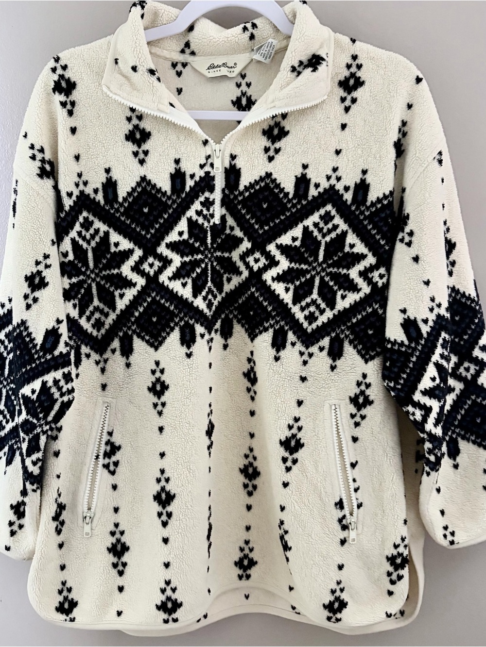 Eddie Bauer 90s Vintage Fleece Pullover Sweater Jacket Snowflake Fair Isle Large